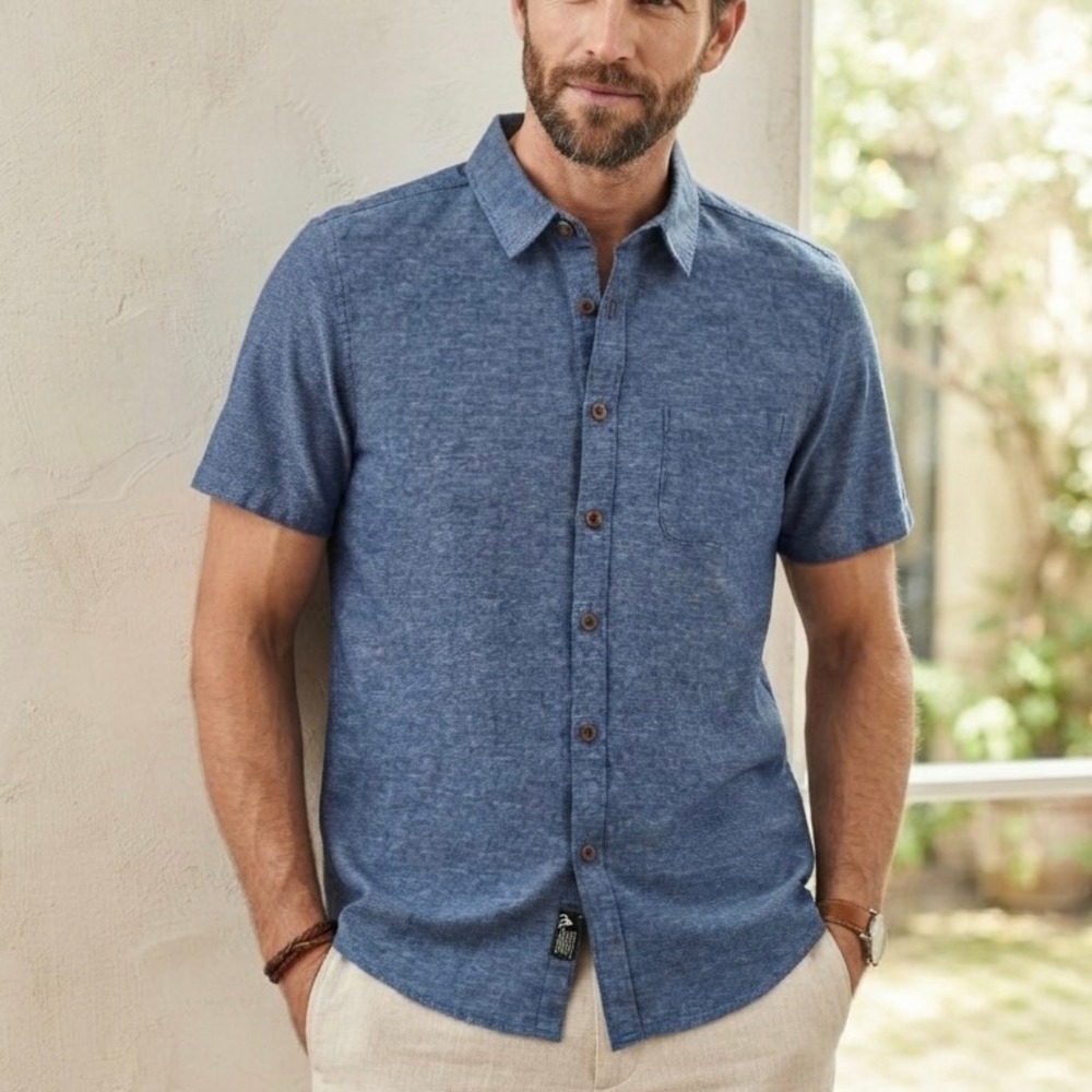 Paul Jones Blue Cotton Linen Mens Large Short Sleeve Chambray Button Down Shirt